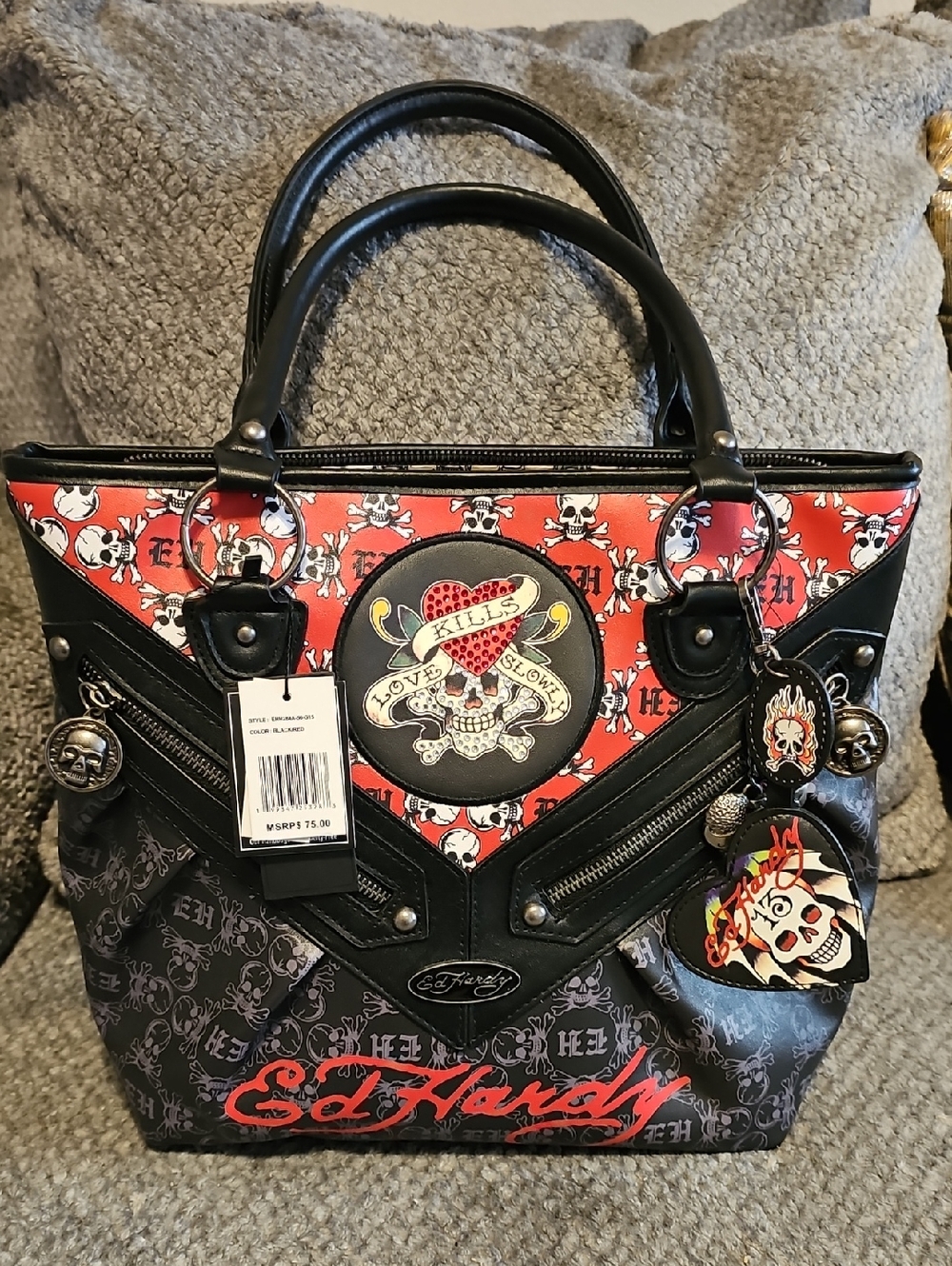 Ed Hardy Red and Black Skull Heart Tote
